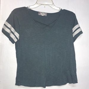 striped sleeved cross neck blue tee